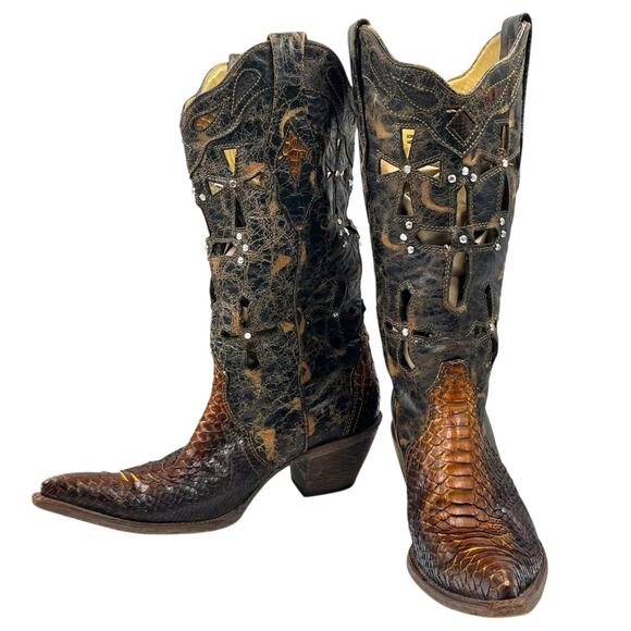 CORRAL MUSGO PYTHON COWBOY BOOTS Y2K SNIP TOE CUT OUTS DISTRESSED STUDDED SIZE 8 - Picture 1 of 9